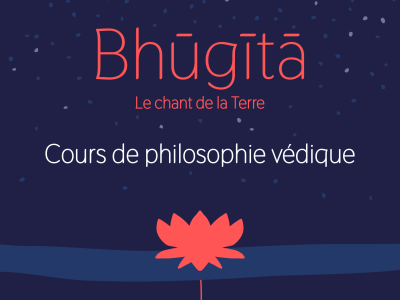 Un flyer avec une fleur de lotus dessinée sur fond bleu nuit étoilé
