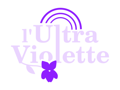 Un logo rétro avec une silhouette d'arc-en-ciel et une fleur de violette
